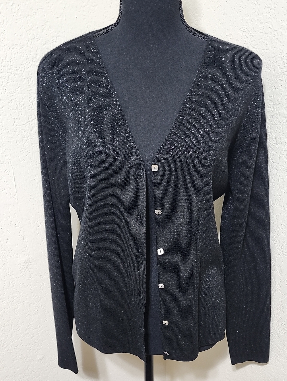 Vintage J.A.C. Black Metallic Silk Blend Cardigan Sweater V-Neck Size Large